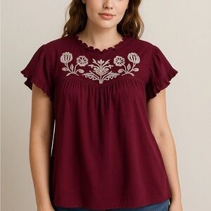 Knox Rose Western Cowgirl Embroidered Burgundy Ruffle Sleeve Top